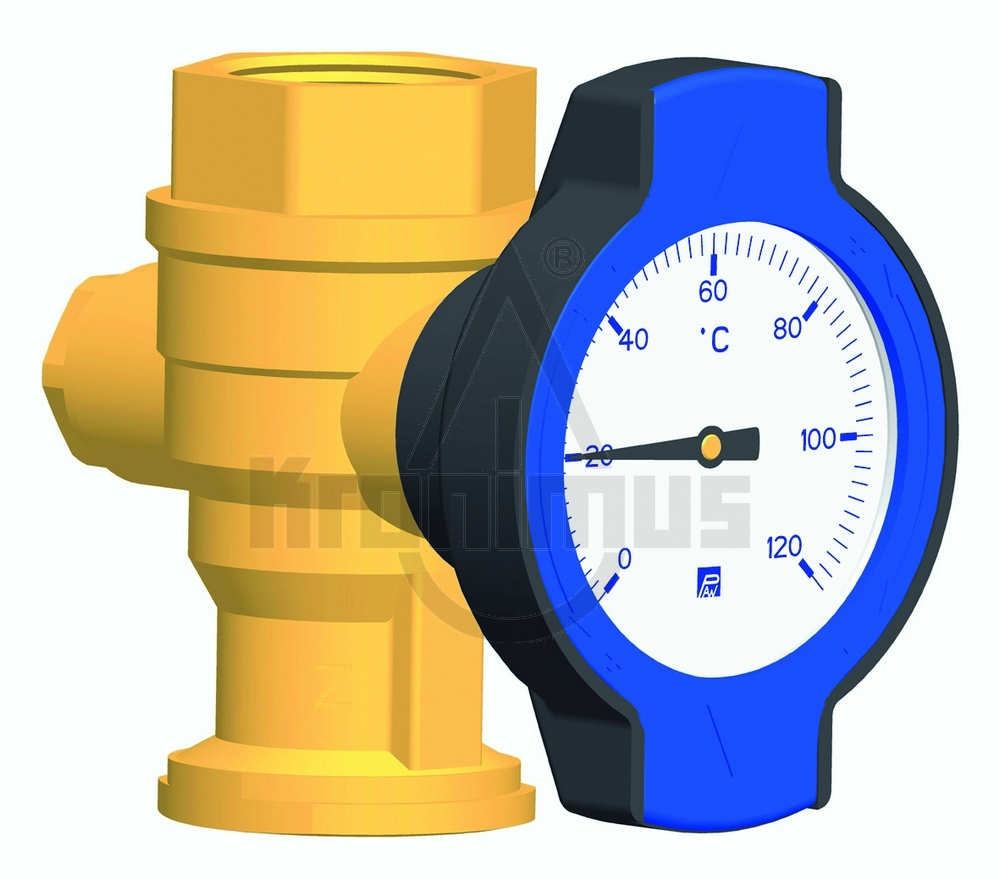 Kugelhahn Flansch 1" x 1" IG mit Thermometer im Griff, Abgang 1/2" (9651)